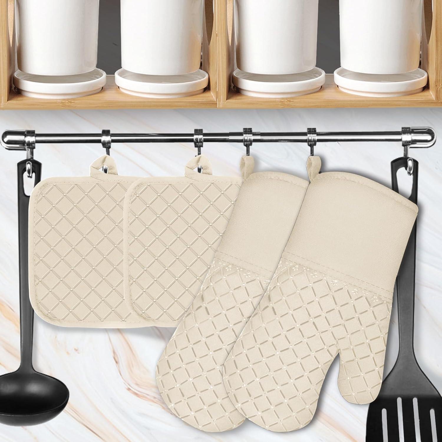 4er Set Hitzebeständige Ofenhandschuhe & Topflappen Silikon Kochhandschuhe BBQ Khaki