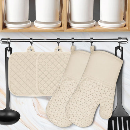 4er Set Hitzebeständige Ofenhandschuhe & Topflappen Silikon Kochhandschuhe BBQ Khaki