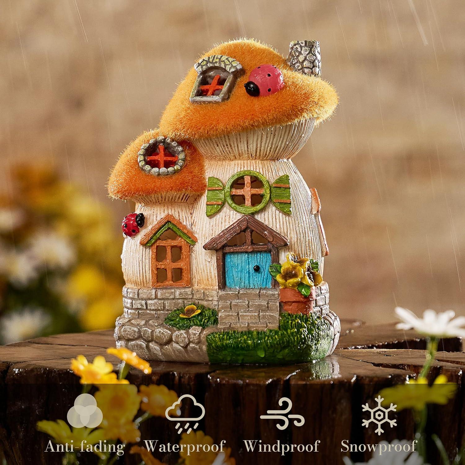 Gartendeko für Draußen Feenhaus Pilz Solarlampe 16 cm Gelb