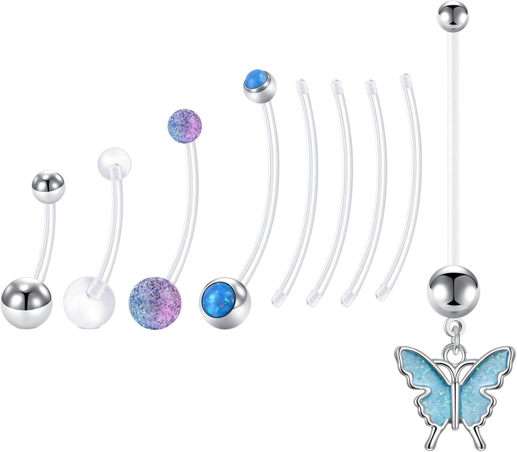 Schwangerschafts Bauchnabel Piercing Set 5 Stück UV 14G 38mm Kristall