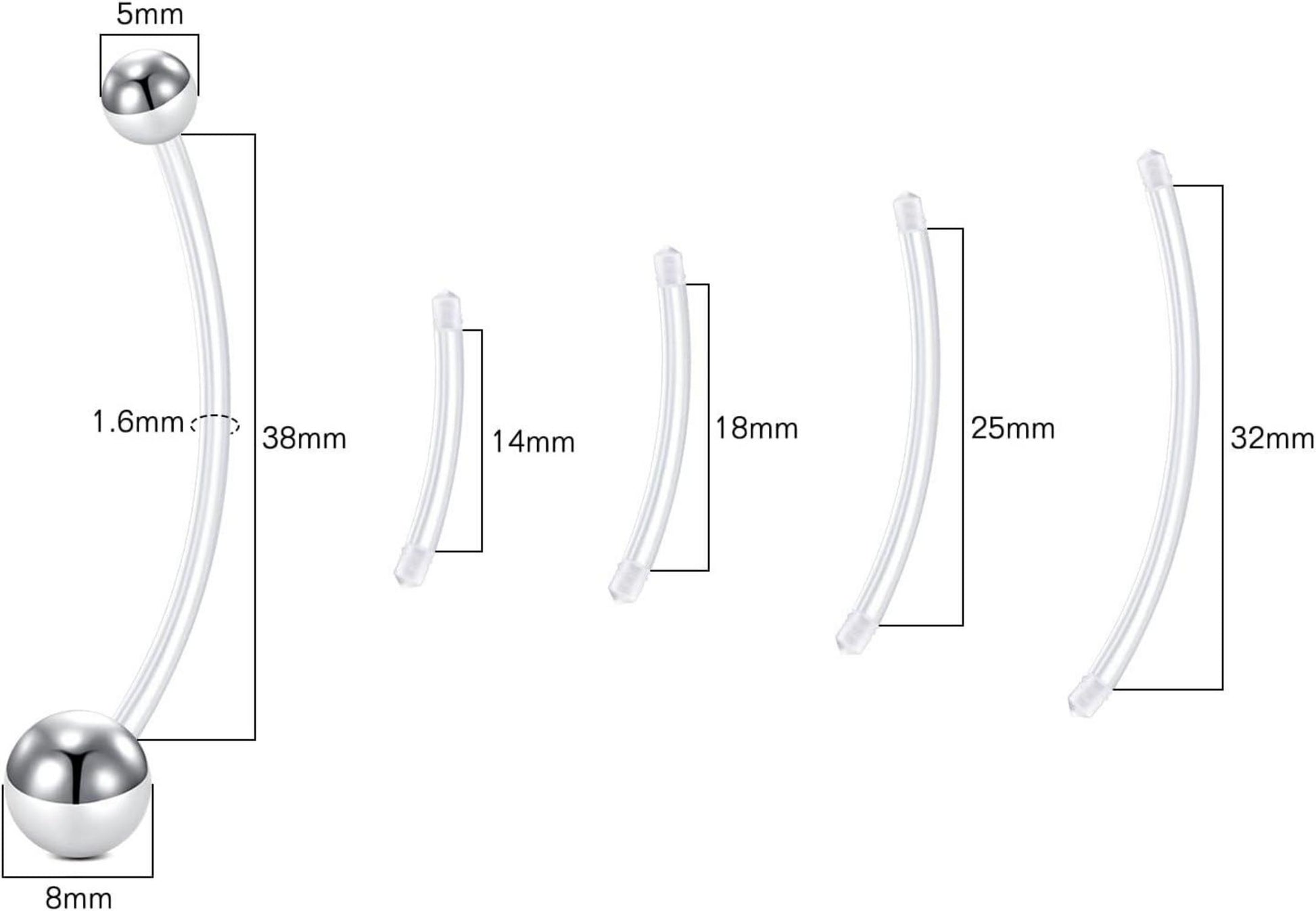 Schwangerschafts Bauchnabel Piercing Set 5 Stück UV 14G 38mm Kristall