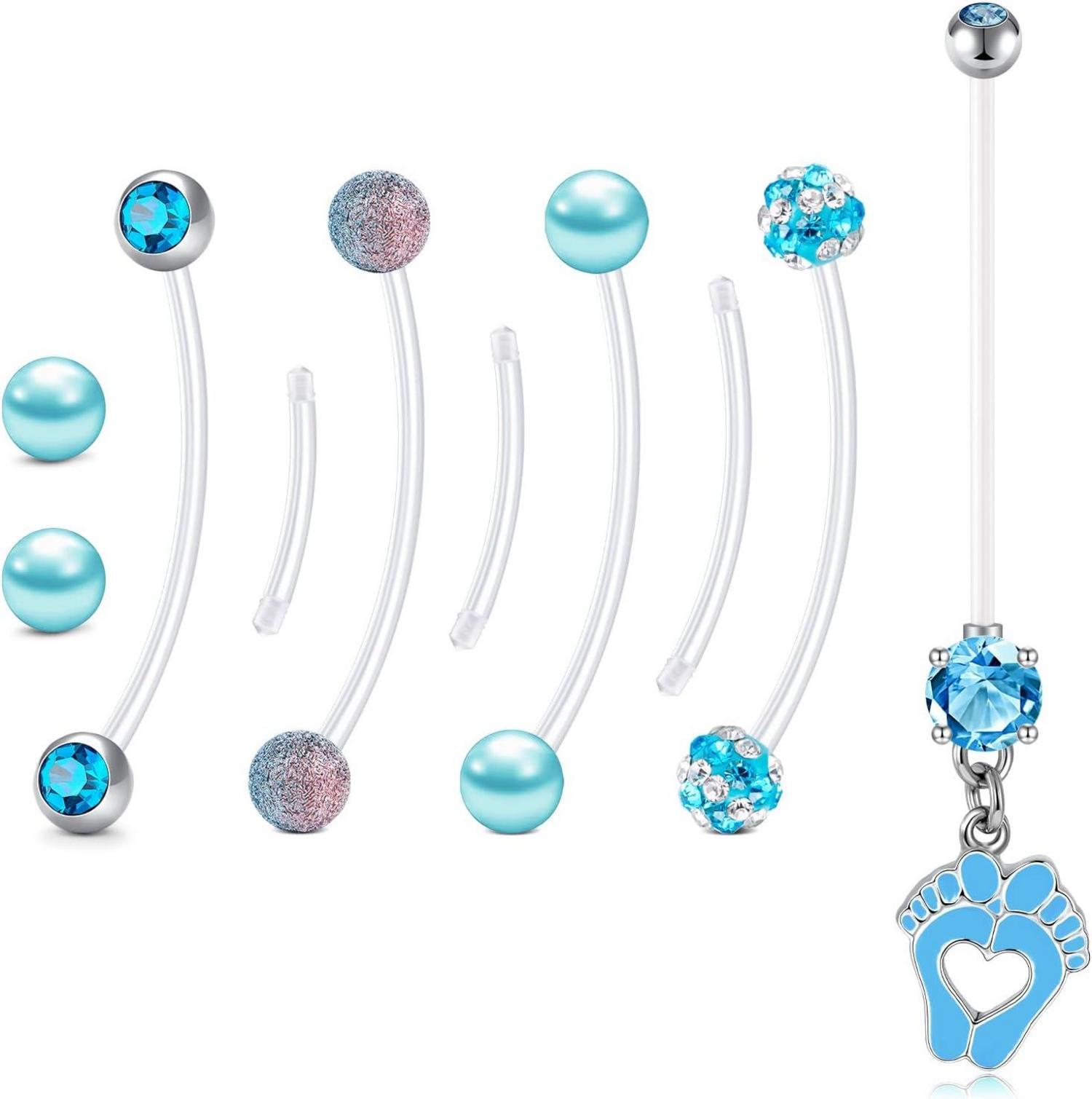 Schwangerschafts-Bauchnabel-Piercing flexible 5er Set, blaue Perlen, UV-Bar