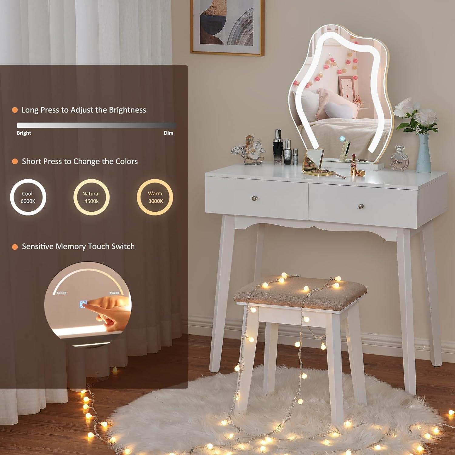 Schminktisch mit LED Beleuchtung und Gepolstertem Hocker
