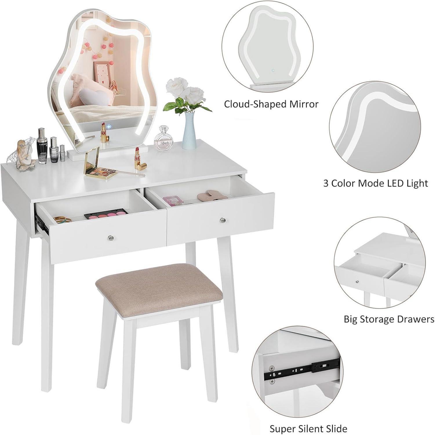 ANWBROAD Schminktisch mit LED Beleuchtung & Gepolsterter Hocker
