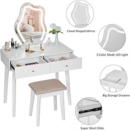 ANWBROAD Schminktisch mit LED Beleuchtung & Gepolsterter Hocker