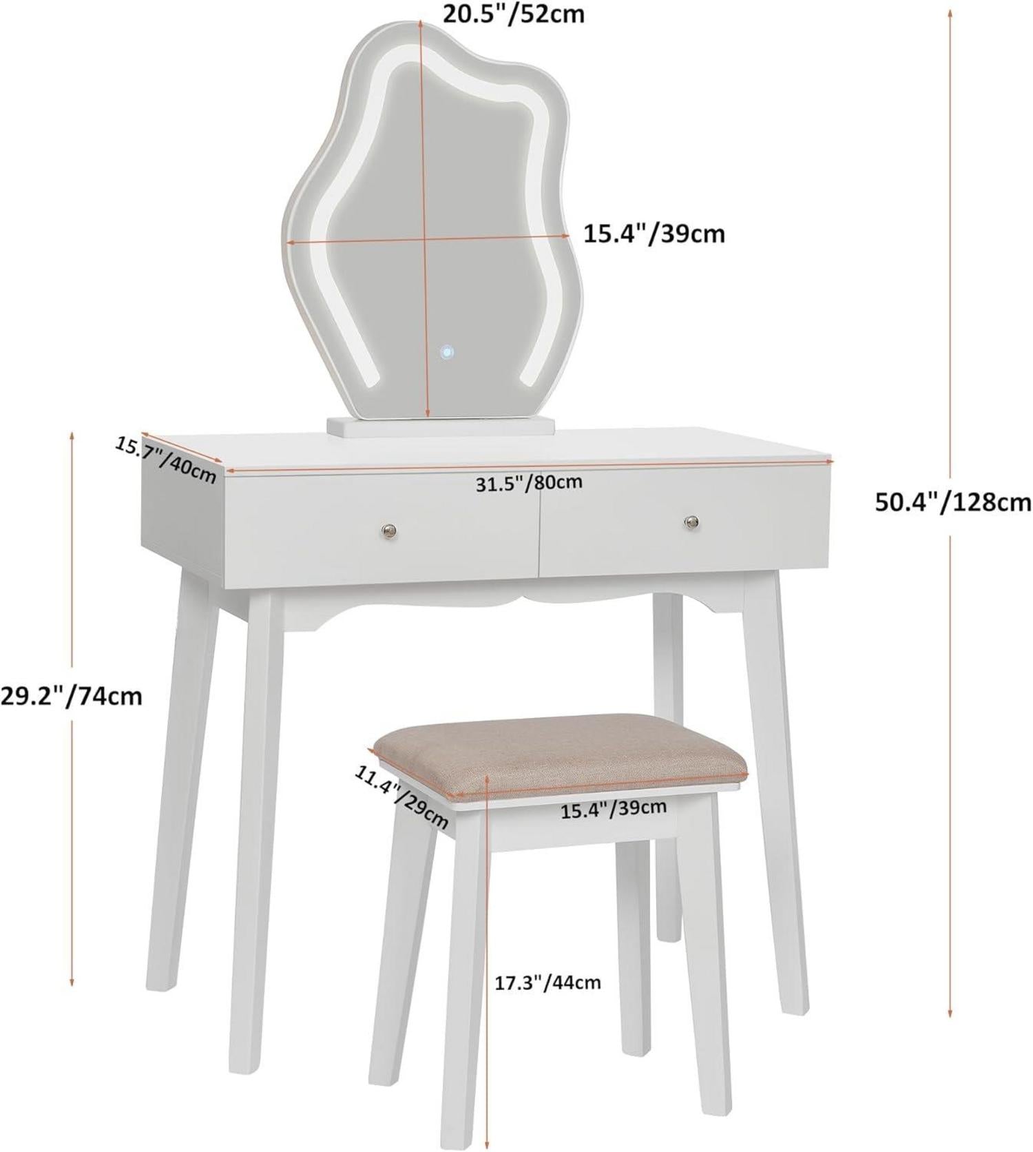 Schminktisch mit LED Beleuchtung Makeup Vanity Tisch Set 3 Farben Dimmen White