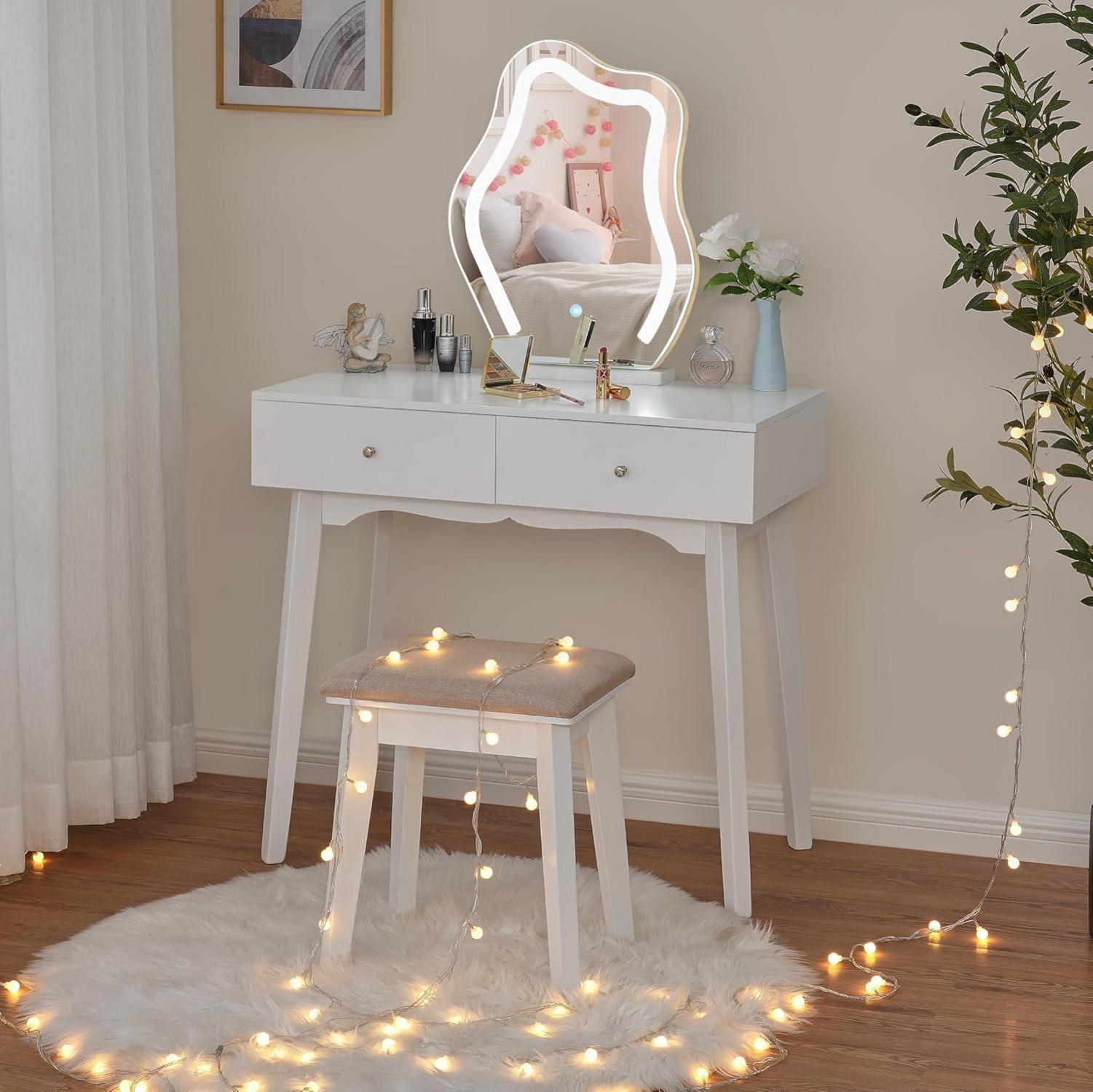 ANWBROAD Schminktisch mit LED Beleuchtung & Gepolsterter Hocker