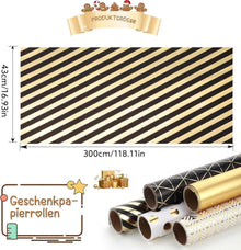 5 Rollen Geschenkpapier Set 43cm x 3m Schwarz Gold