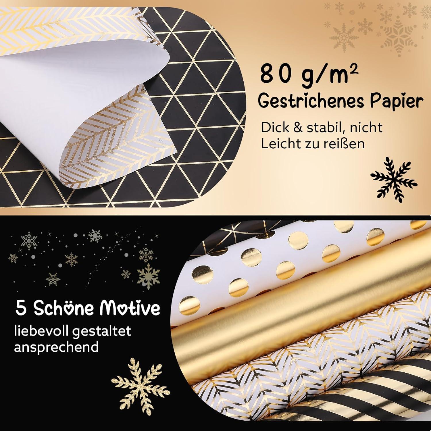 5er Set Schwarzes Geschenkpapier Goldmuster 3m lang