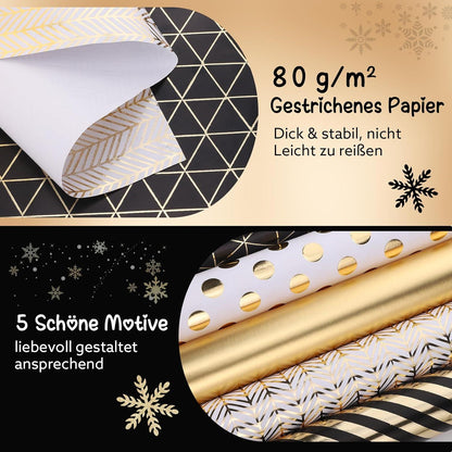 5er Set Schwarzes Geschenkpapier Goldmuster 3m lang