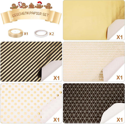 5 Rollen Geschenkpapier Set Schwarz Gold 43cm x 3m inkl. Schleifenband