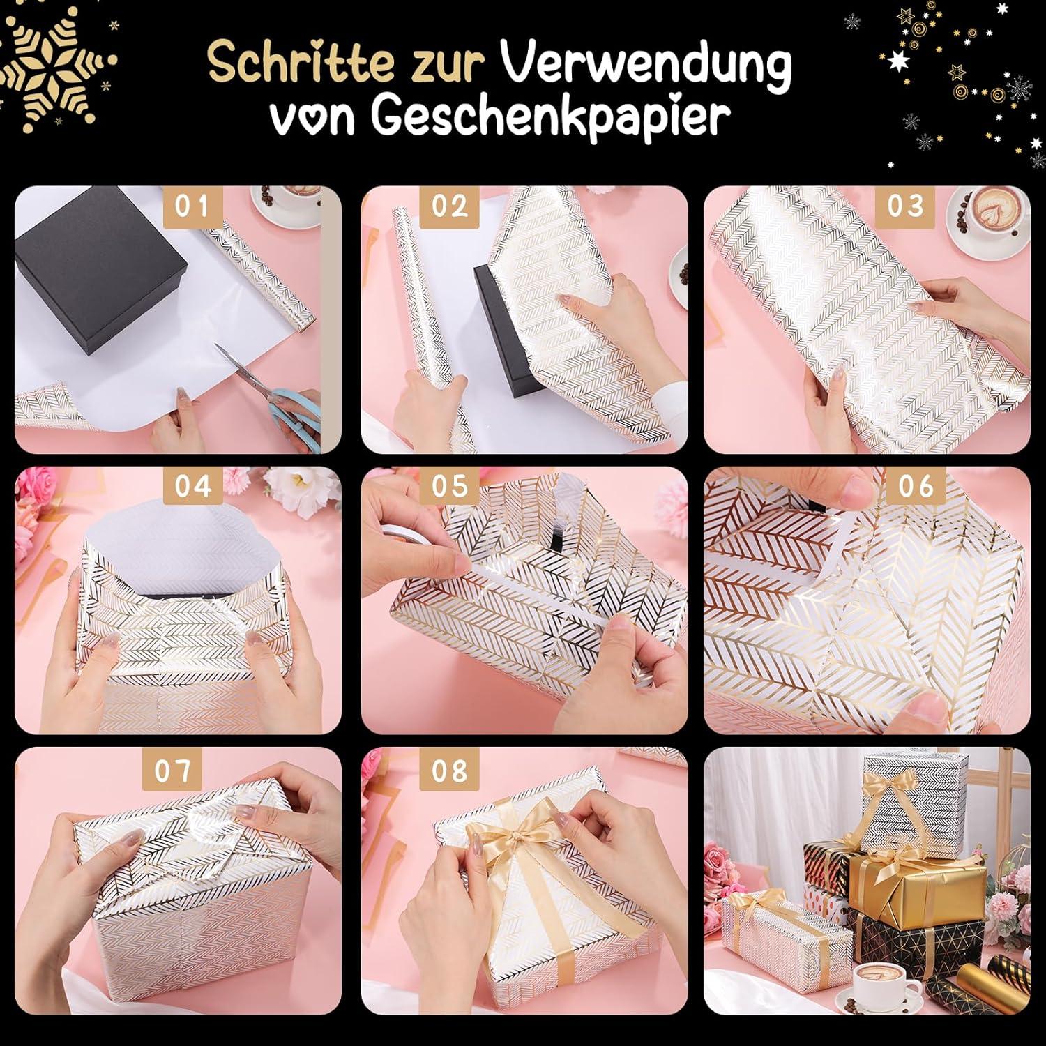Geschenkpapier Set 5 Rollen 43cm x 3m Schwarz Gold Geburtstag Hochzeit