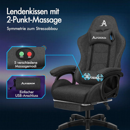 Gamingstuhl mit Massage, Fußstütze, Kopfstütze, 150° Rückenlehne
