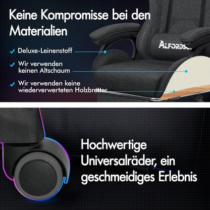 ALFORDSON Gamingstuhl Fußstütze Lendenkissen 150° Rückenlehne Leinen Dunkelgrau