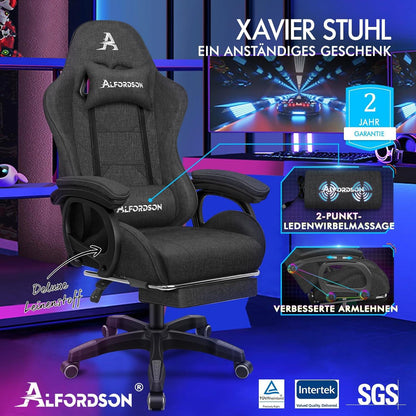 ALFORDSON Gamingstuhl Fußstütze Lendenkissen 150° Rückenlehne Leinen Dunkelgrau
