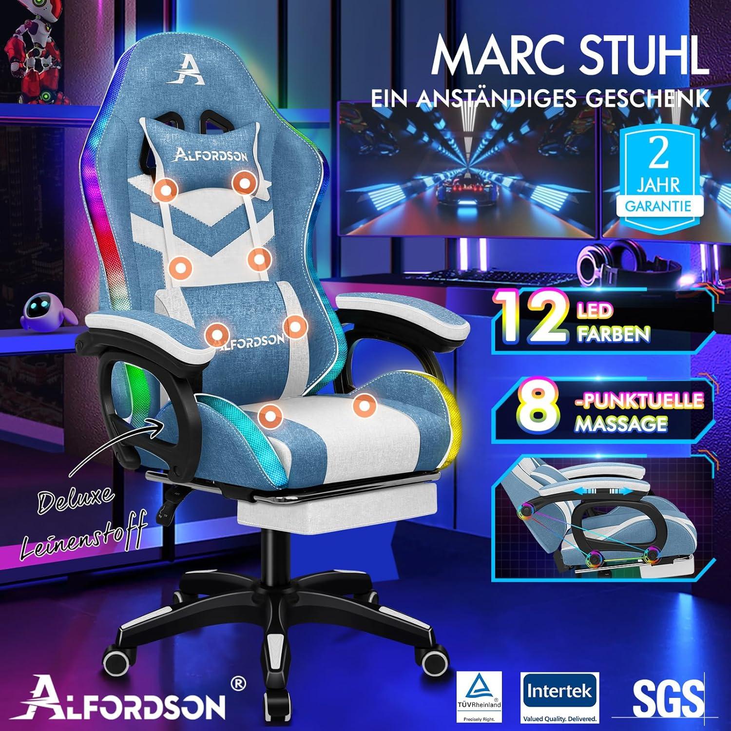 Gaming-Stuhl LED 8-Punkt-Massage RGB Beleuchtung Lordosenstütze Blau