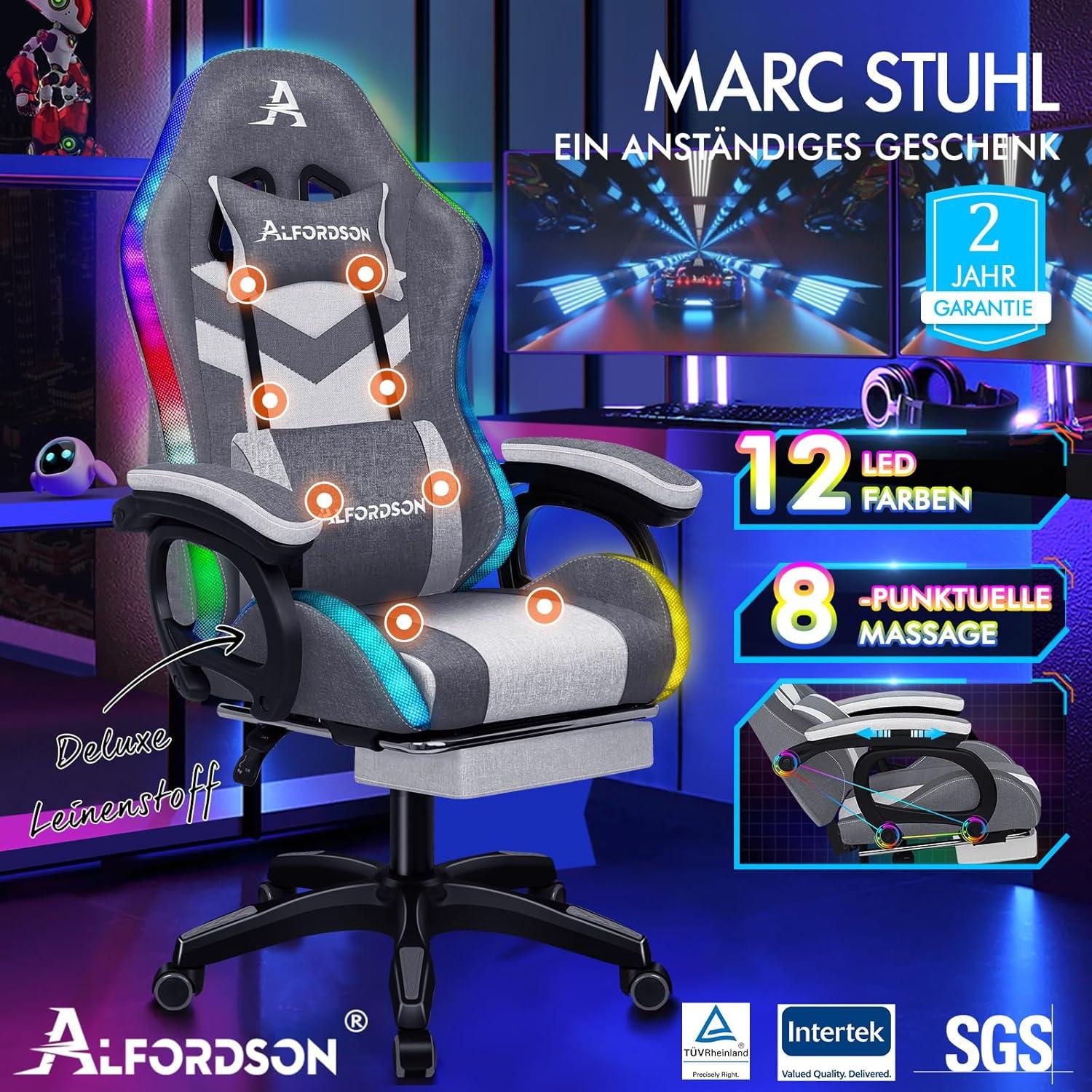 ALFORDSON LED Gaming-Stuhl 8-Punkt-Massage RGB Beleuchtung Grau