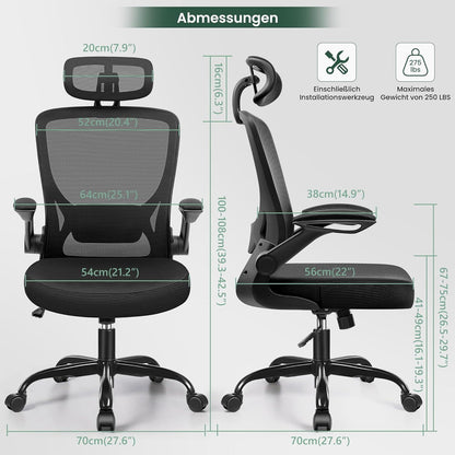 Ergonomischer Bürostuhl mit verstellbarer Kopfstütze und Armlehnen