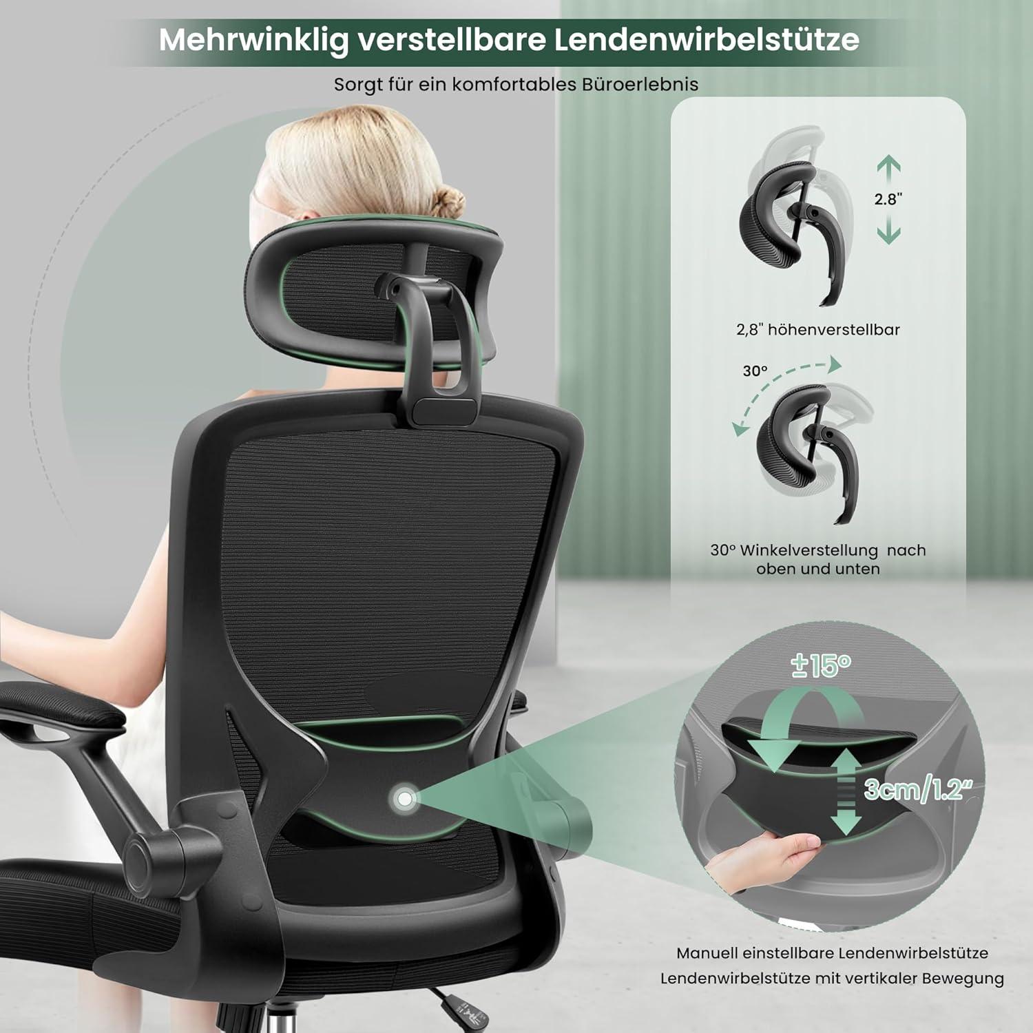 Ergonomischer KERDOM Bürostuhl - Verstellbare Kopfstütze, Armlehnen, 135° Neigung, bis 150 kg