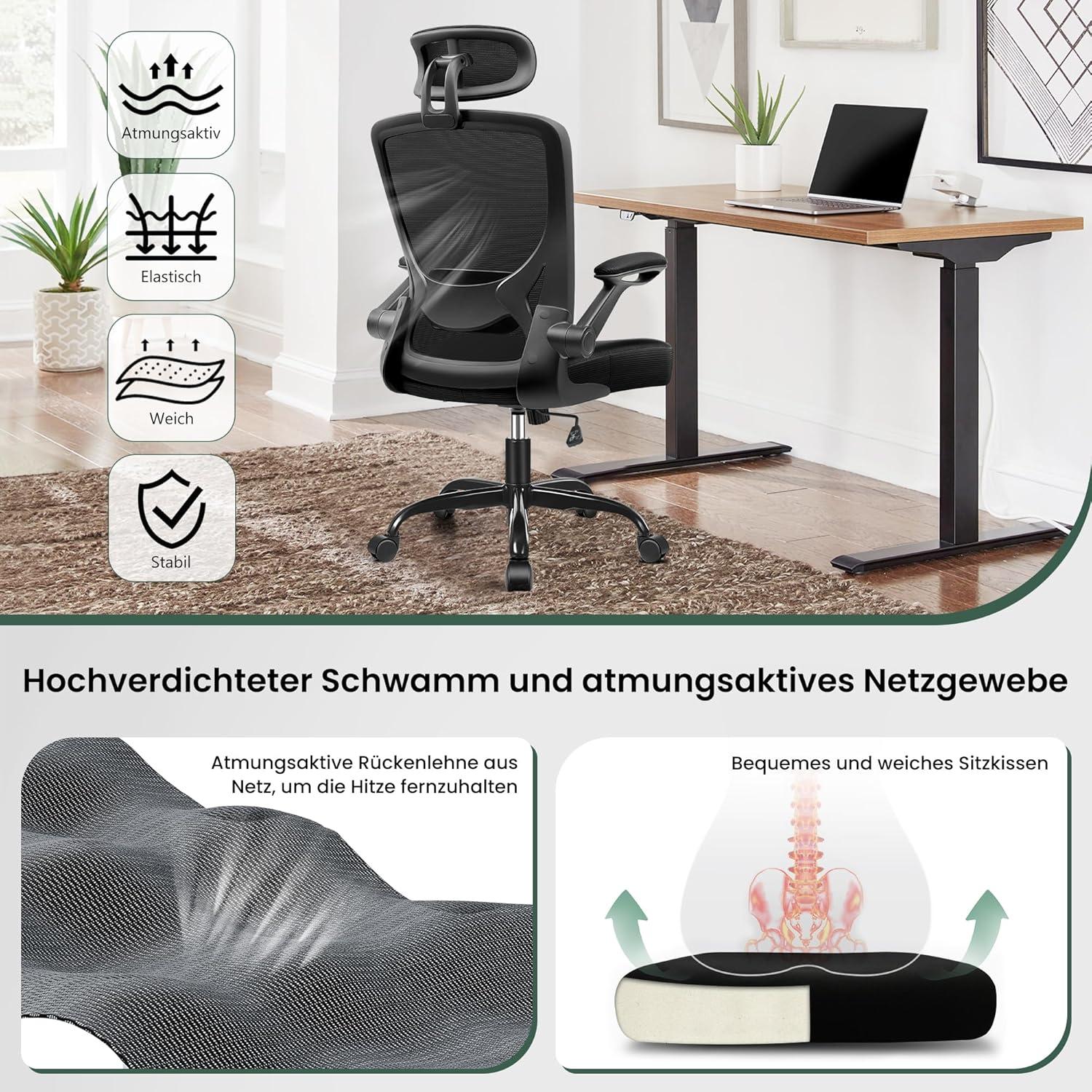 Ergonomischer Bürostuhl KERDOM Schwarz 150 kg - Kopfstütze Armlehnen