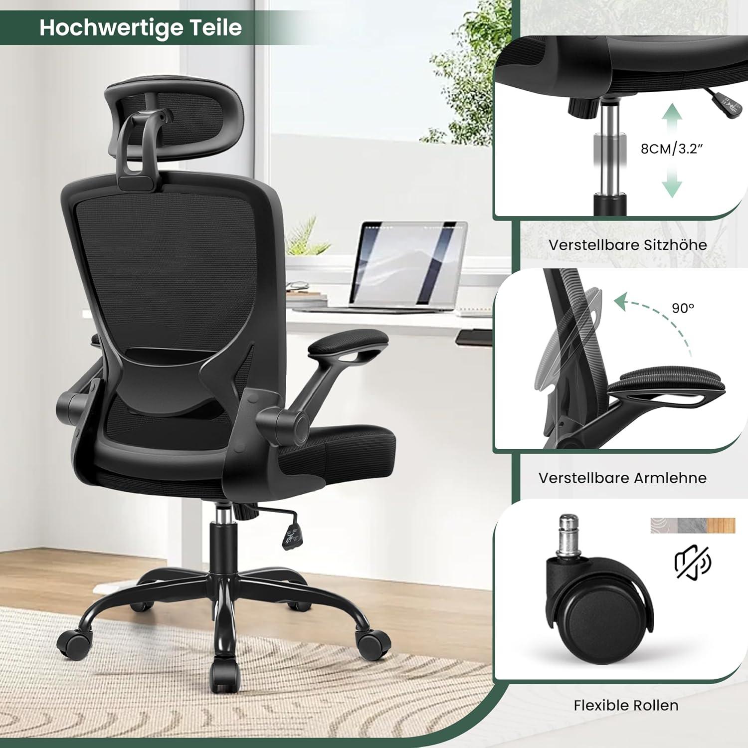Ergonomischer Bürostuhl mit verstellbarer Kopfstütze und Armlehnen