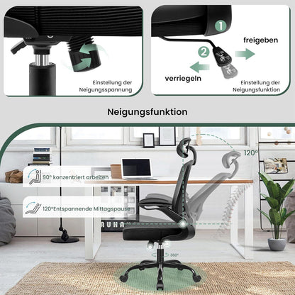 Ergonomischer Bürostuhl KERDOM Schwarz 150 kg - Kopfstütze Armlehnen