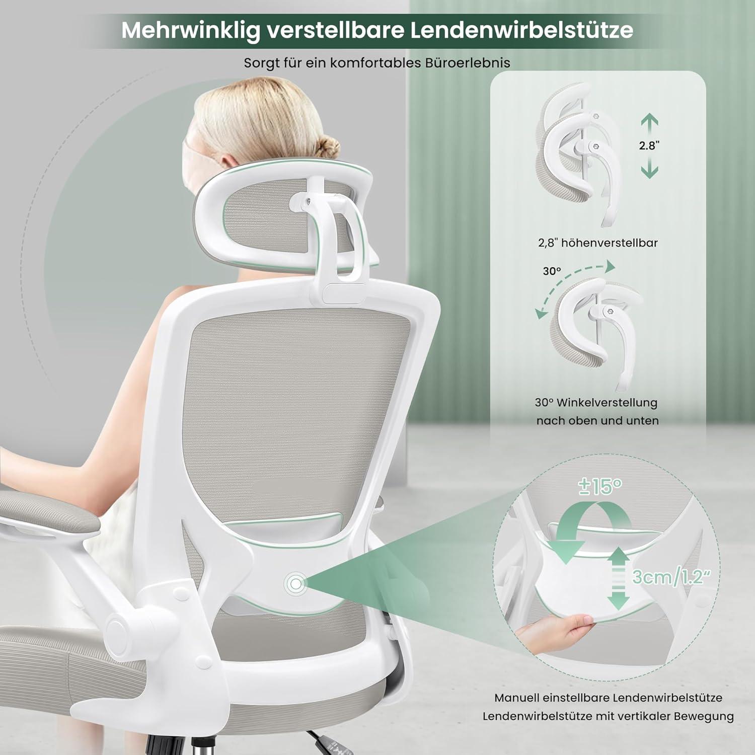 Ergonomischer Bürostuhl mit Kopfstütze und Armlehnen Hellgrau 150 kg