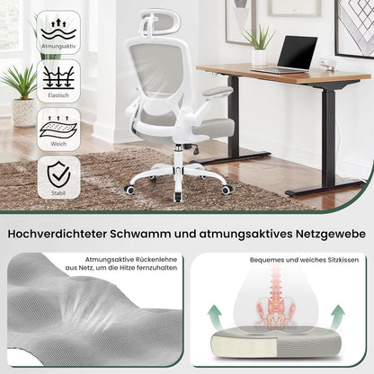 Ergonomischer Bürostuhl, Chefsessel, Kopfstütze, Armlehnen, 150 kg, Hellgrau