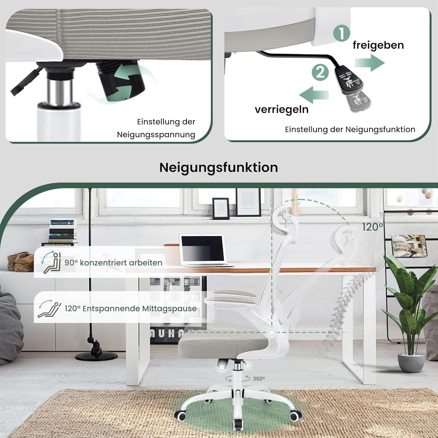 Ergonomischer Bürostuhl, Chefsessel, Kopfstütze, Armlehnen, 150 kg, Hellgrau