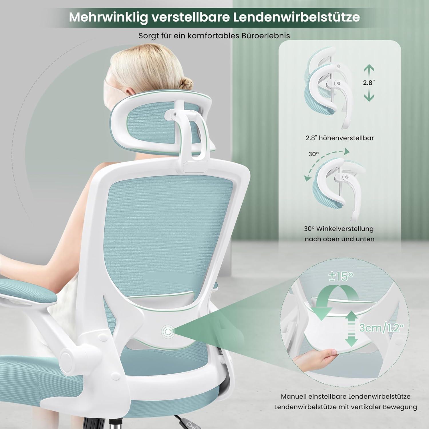 Ergonomischer Bürostuhl mit verstellbarer Kopfstütze und Armlehnen 135° Neigung bis 150 kg