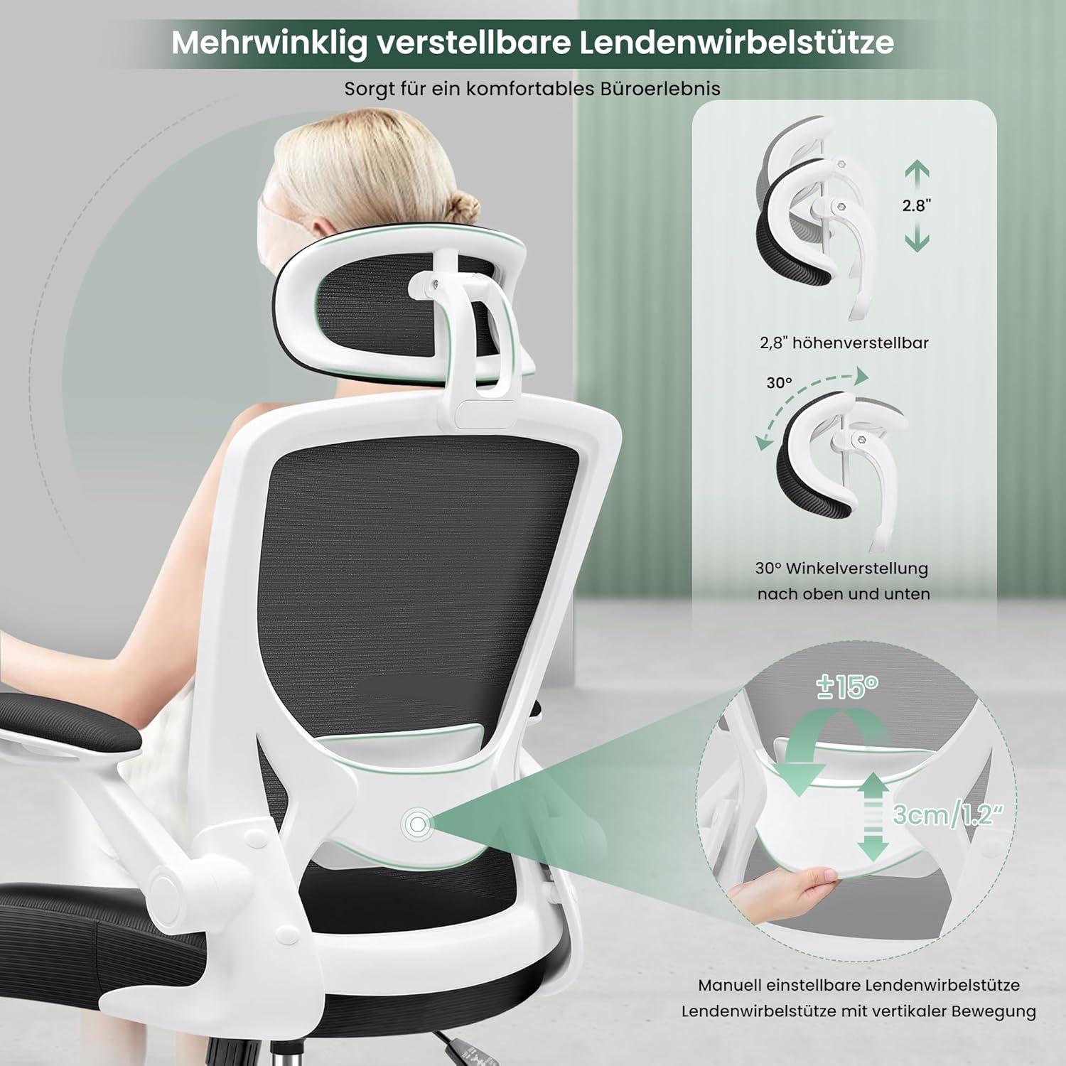 KERDOM Bürostuhl Ergonomisch Verstellbare Kopfstütze Armlehnen Drehstuhl White