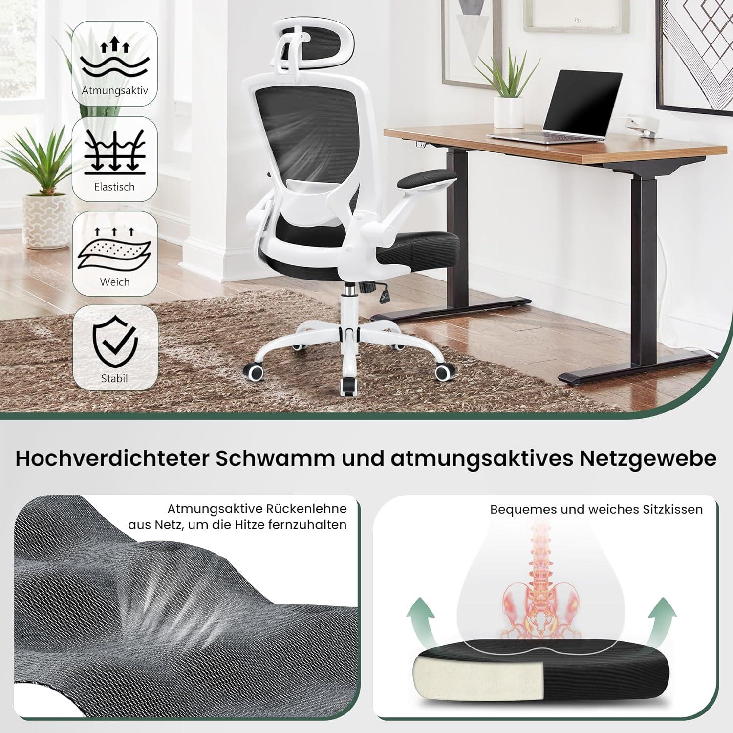 KERDOM Bürostuhl ergonomisch verstellbare Kopfstütze Armlehnen Wippfunktion