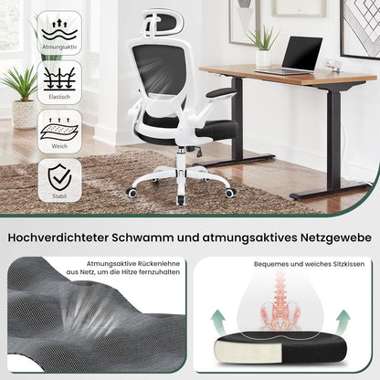 KERDOM Bürostuhl ergonomisch verstellbare Kopfstütze Armlehnen Wippfunktion