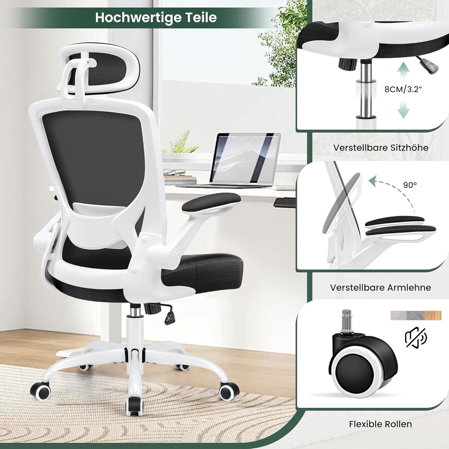 Ergonomischer Bürostuhl mit Kopfstütze, Armlehnen, Wippfunktion, 150