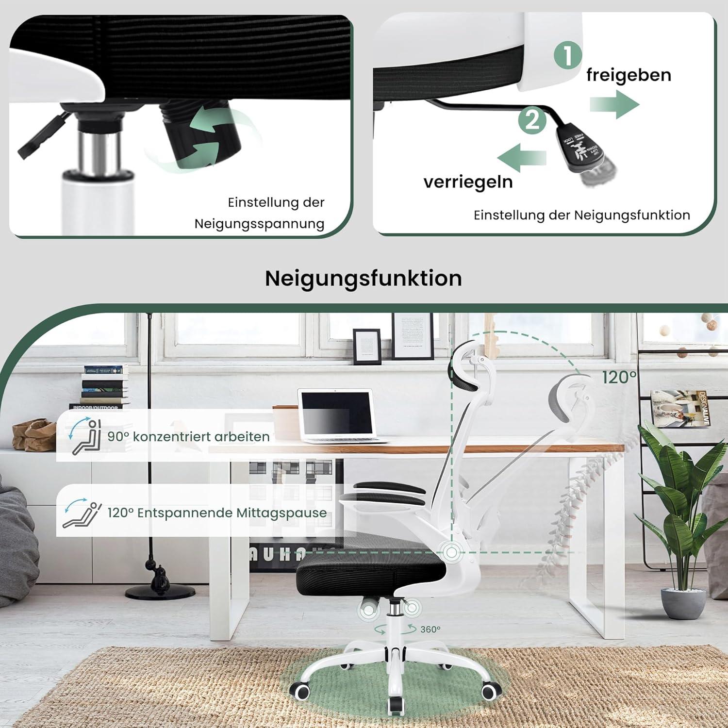 KERDOM Bürostuhl ergonomisch verstellbare Kopfstütze Armlehnen Wippfunktion