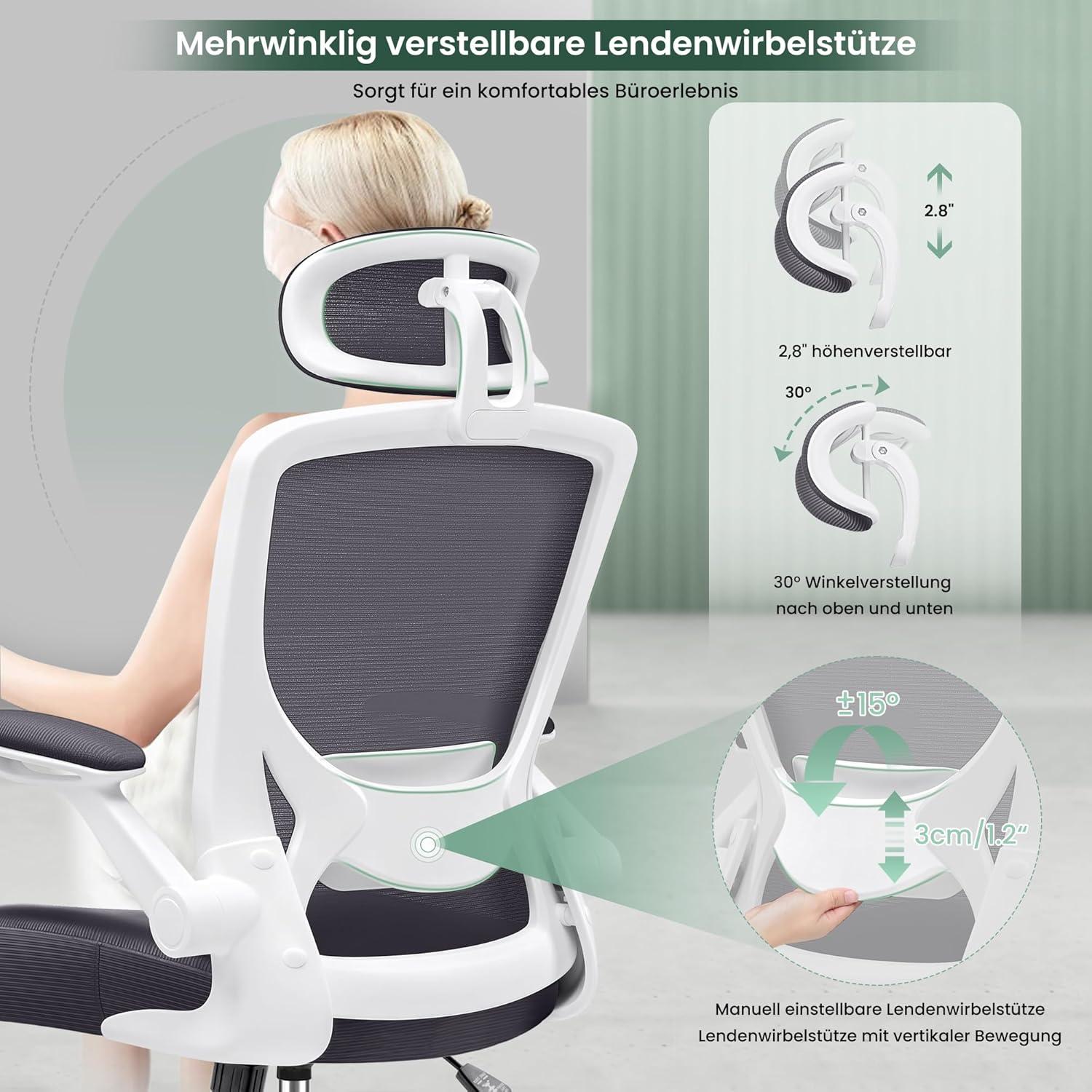 KERDOM Bürostuhl Ergonomisch mit Verstellbarer Kopfstütze Armlehnen 135° Wippfunktion 150 kg Dunkelgrau