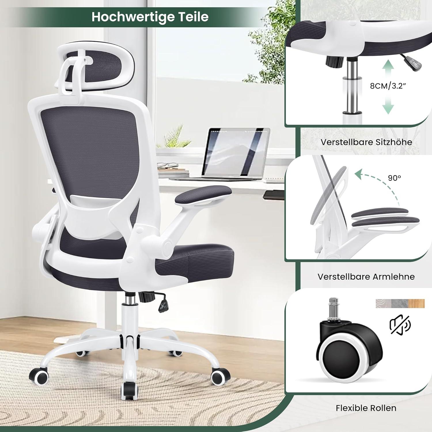 Bürostuhl Ergonomisch mit Verstellbarer Kopfstütze Armlehnen