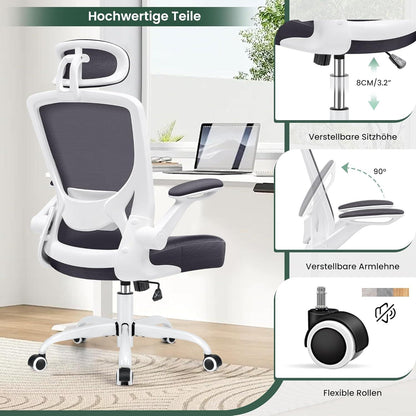 Bürostuhl Ergonomisch mit Verstellbarer Kopfstütze Armlehnen