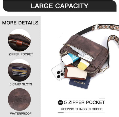 Telena Damen Crossbody Bag PU Leder Farbigem Riemen groß Kapazität - Schwarz