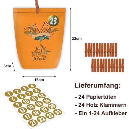 Adventskalender Kraftpapiertüten mit Zahlen Aufkleber 24er