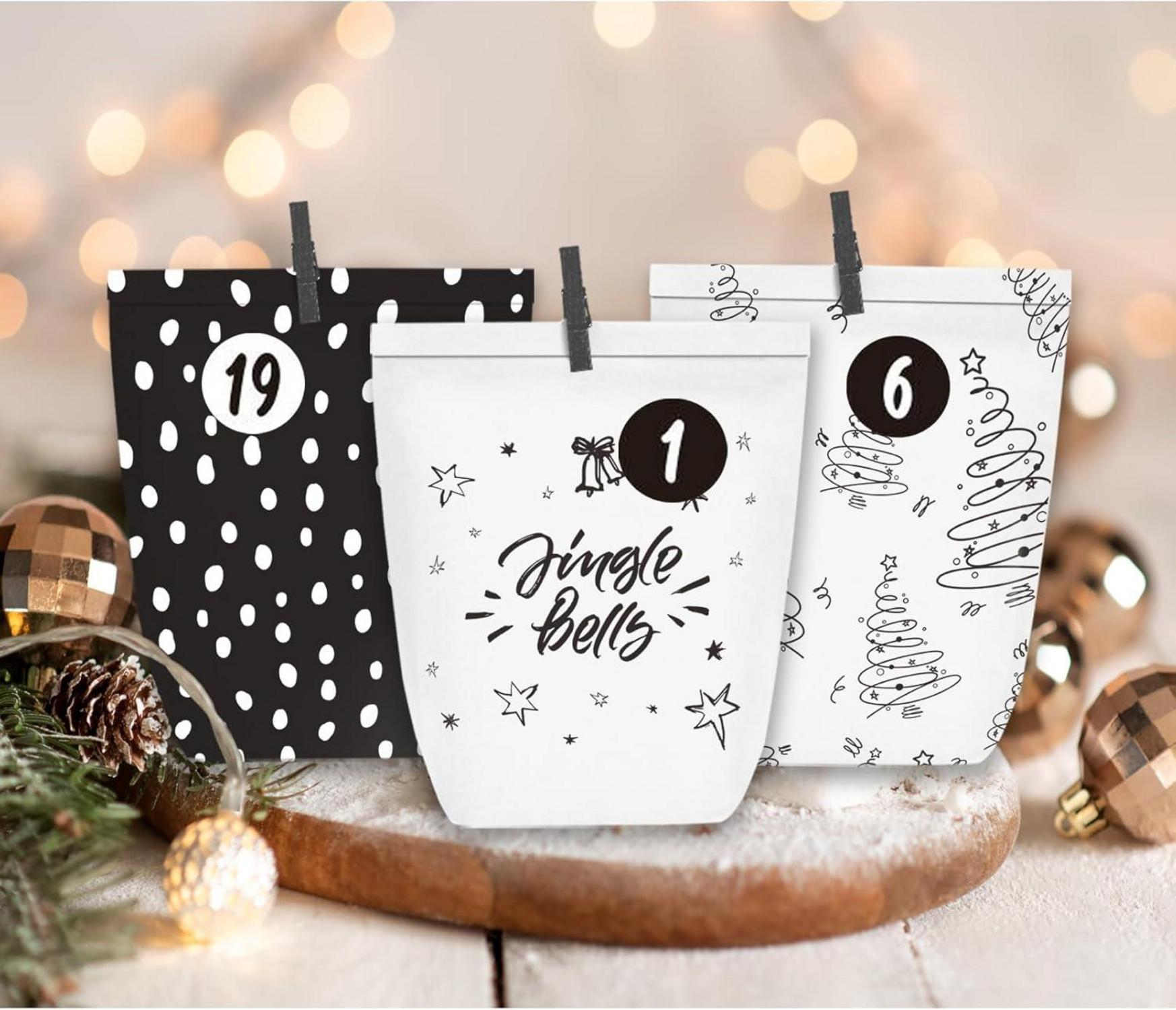 Adventskalender Kraftpapier Weihnachtstüten DIY Bastelset 24 Schwarz