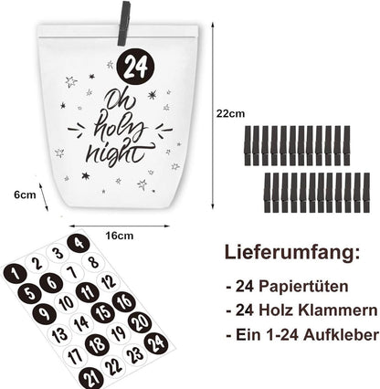 Adventskalender Kraftpapier Weihnachtstüten DIY Bastelset 24 Schwarz