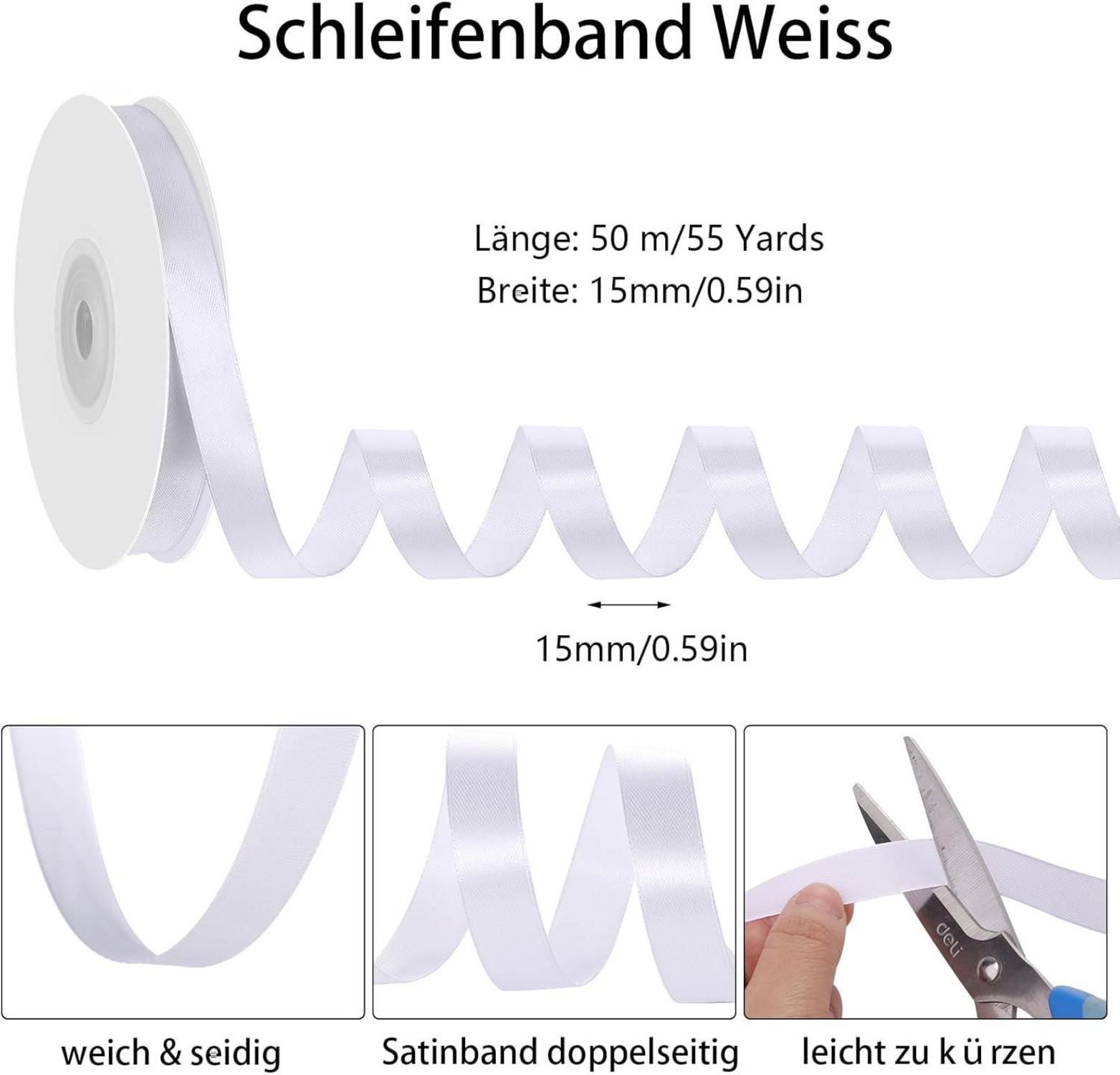 Schleifenband Weiß 50m x 15mm Satinband Dekoband Hochzeit