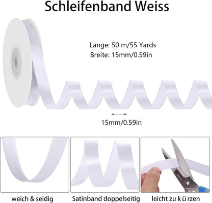 Schleifenband Weiß 50m x 15mm Satinband Dekoband Hochzeit
