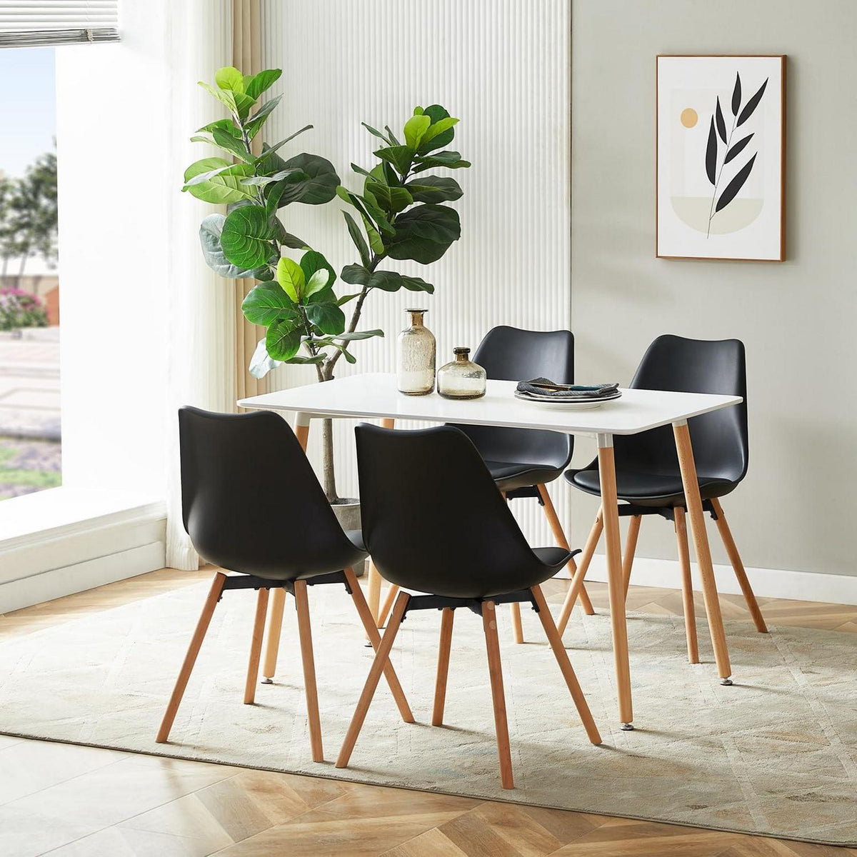 Esszimmergruppe weißem Tisch + 4 Schwarz Stühle