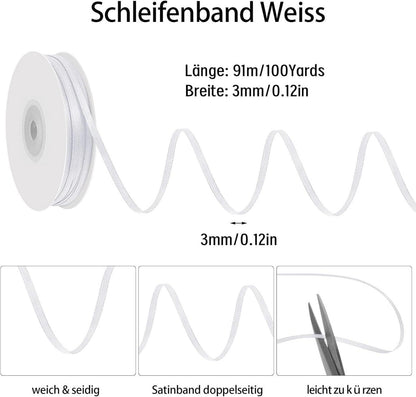 Dekoband Weiß 3 mm Satinband 91 Meter Geschenkband Hochzeit