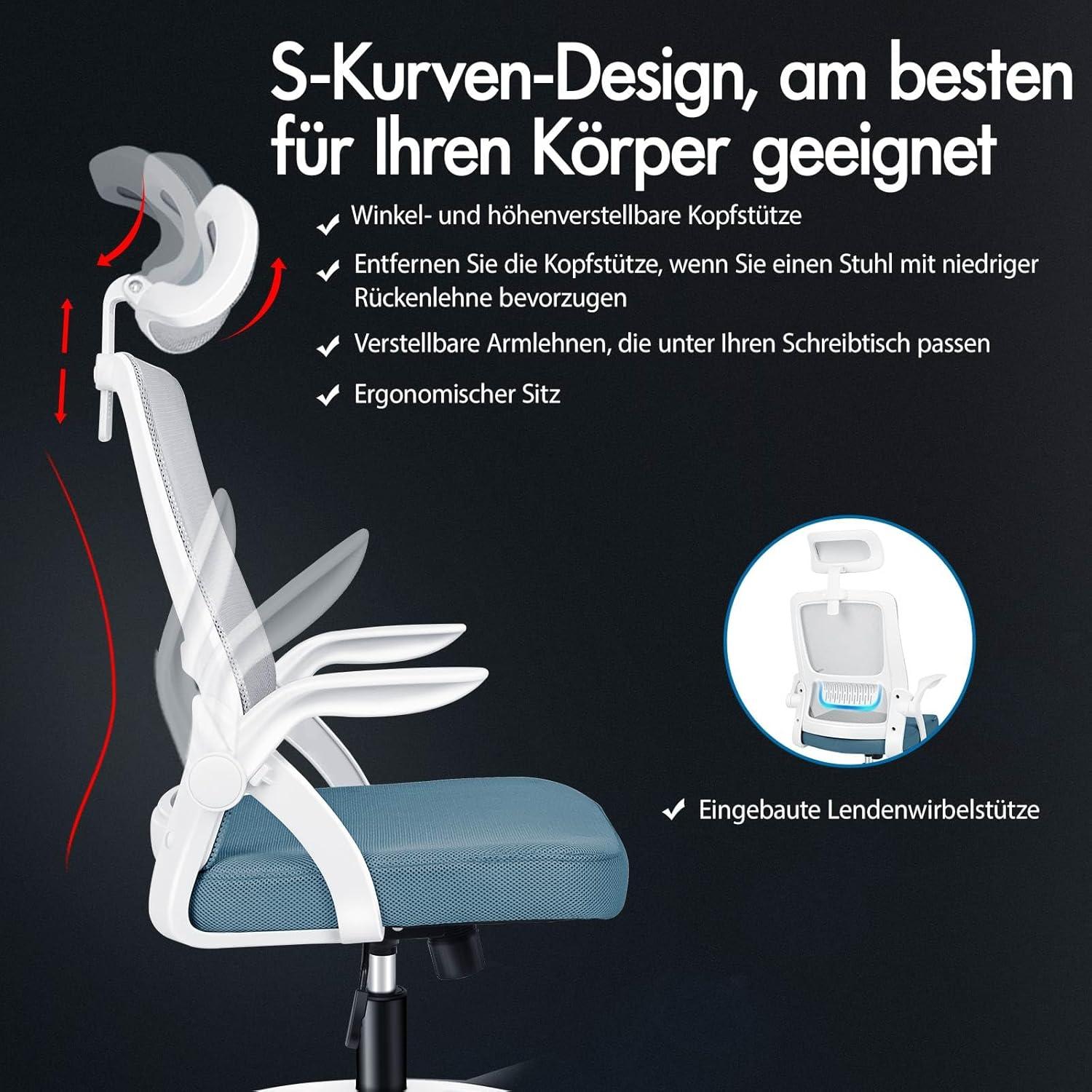 Ergonomischer Bürostuhl mit Kopfstütze und Lordosenstütze