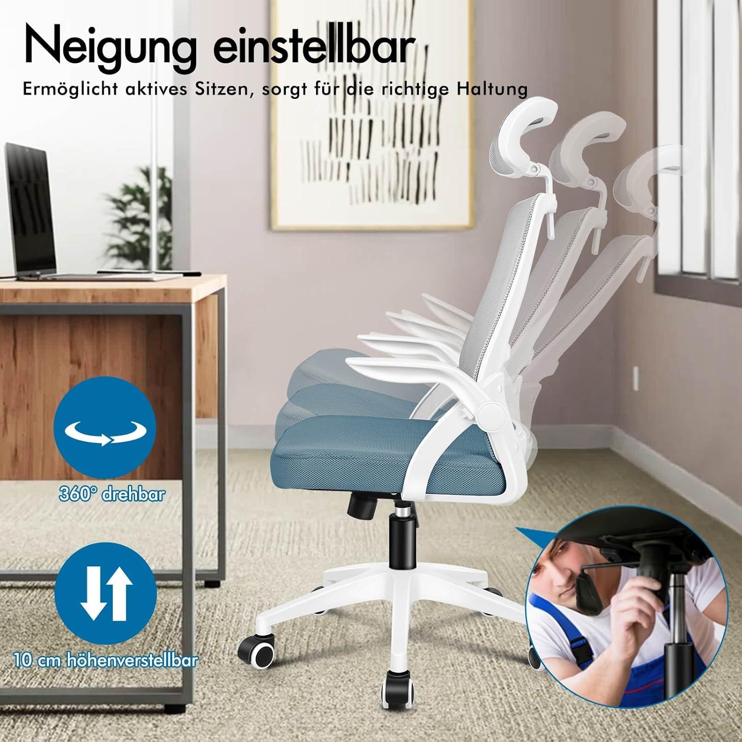 Bürostuhl mit Kopfstütze Lordosenstütze Blau Grau