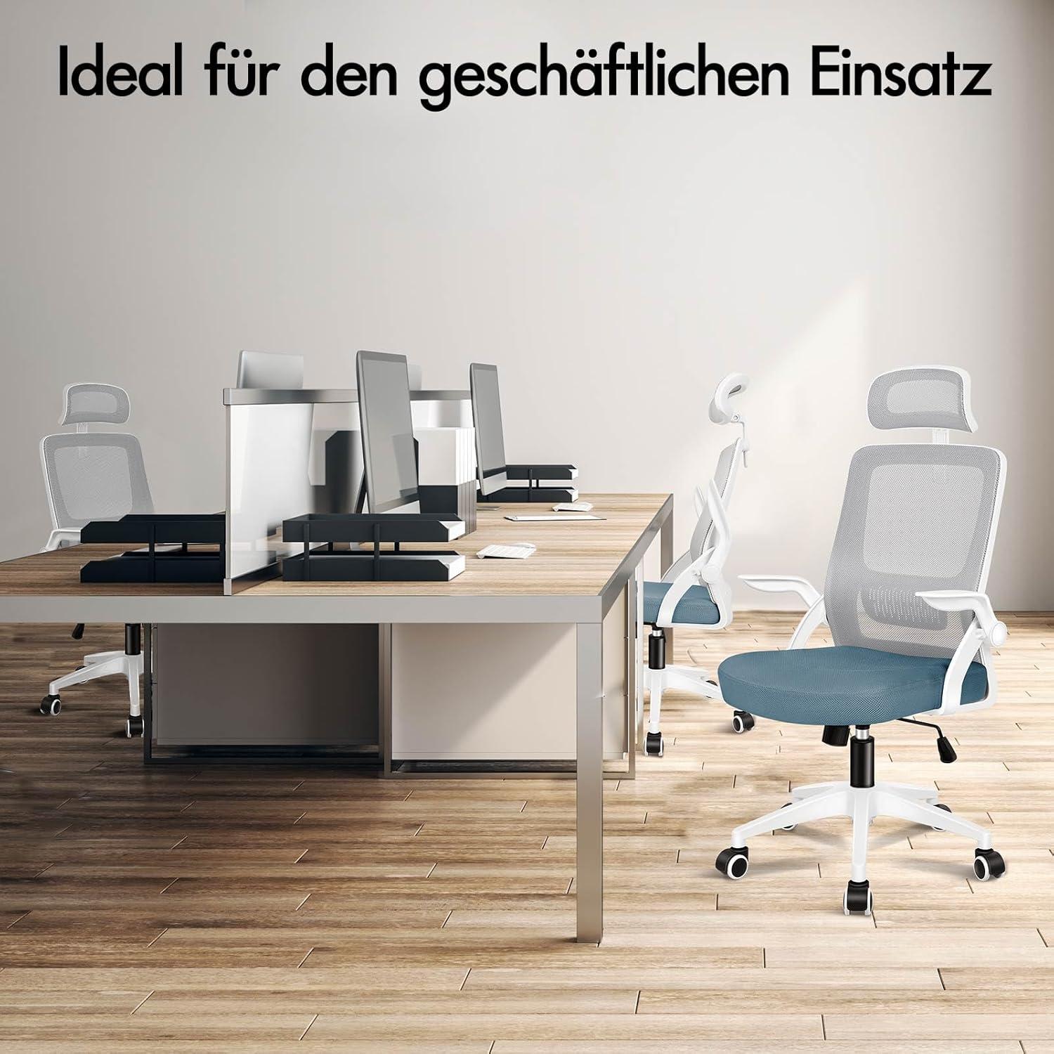 Ergonomischer Bürostuhl mit Kopfstütze, Lordosenstütze, Blau/Grau