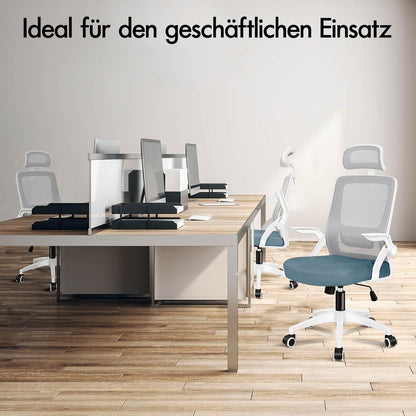 Ergonomischer Bürostuhl mit Kopfstütze, Lordosenstütze, Blau/Grau